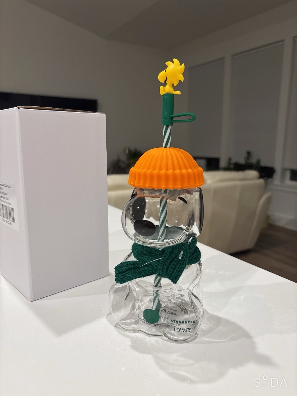 Starbucks Peanuts Snoopy Glass Cup with Orange Hat Lid & Green Scarf